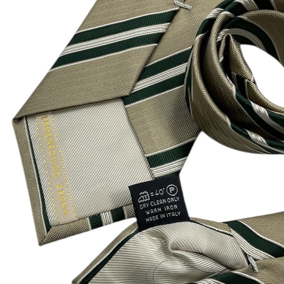 🆕ERMENEGILDO ZEGNA Beige/Green Silk Blend LUXURY Tie ITALY - Picture 3 of 5